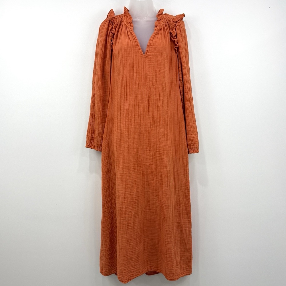Xirena Maxi Dress Women's L Burnt Orange Gauze Boho Hippie Breathable Ruffle